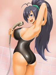 alone antenna_hair armpits ass back bathroom big_hair black_hair blue_eyes breasts cute_fang erect_nipples female ganaha_hibiki hips huge_breasts idolmaster kawanuma_uotsuri long_hair looking_at_viewer looking_back open_mouth ponytail shower sideboob smile solo standing swimsuit tagme thick_thighs thighs wet