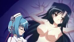 2girls animated aqua_hair bed black_hair bouncing_breasts breasts chinese_girl chinese_girls chou'un_shiryuu imagination kan'u_unchou_(koihime) koihime†_(series) koihime_musou large_breasts long_hair multiple_girls nipples nude screencap sexually_suggestive short_hair