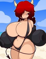 background barely_clothed beach beach_background bikini black_bikini dtrece1313 freckles hair_over_one_eye horns huge_breasts large_breasts red_eyes sharlett(dtrece1313) sling_bikini smug smug_face solo solo_female suiccint