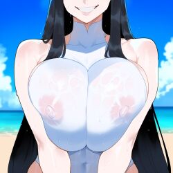 1girls ai_generated beach big_breasts black_hair breast_squeeze breasts clothed creamy_ai curvy eyes_out_of_frame kill_la_kill kiryuuin_satsuki large_breasts light-skinned_female long_hair nipples nipples_visible_through_clothing paag smile solo swimsuit thiccwithaq_(ai_style) voluptuous wet_clothes