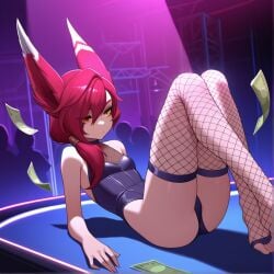 animal_ears fishnets league_of_legends leotard money nightclub on_back red_hair riot_games toeless_legwear toes vastaya xayah