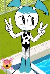 2d ai_generated android android_girl artist_logo bangs bare_arms blue_boots blue_footwear blue_hair blue_lips blue_lipstick blue_twintails bolts boots closed_mouth clothed clothed_female cowprint cowprint_swimsuit cyborg daytime double_v double_v_sign embarrassed embarrassed_female fence fishnet fishnet_legwear fishnet_stockings fishnets flat_chest flat_chested fully_clothed grass hair high_resolution highres hunnyhive(artist) jenny_wakeman legs legs_together lips looking_away looking_away_from_viewer mouth mouth_closed my_life_as_a_teenage_robot one-piece_swimsuit outdoors peace_sign pool poolside pouting pouting_lips robot robot_girl robot_humanoid robot_joints robotic_arms sad sad_female short_female solo solo_female standing standing_female swimsuit swimwear thigh_gap twintails twintails_(hairstyle) v_sign wet xj-9