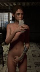 1girls 3d arm_tattoo brown_hair completely_nude completely_nude_female covering_crotch ellie_(the_last_of_us) ellie_williams nude nude_female phone skinny small_breasts taking_selfie tattoo the_last_of_us thedude7022