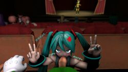 3d angry blowjob hatsune_miku kabalmystic kagamine_rin peace_sign realbibbel sfm source_filmmaker tagme text