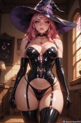 1female ai_generated anime_style big_hips choker corset curvy curvy_figure female front_view garter_straps gloves hat latex latex_gloves latex_stockings long_hair looking_at_viewer original_character panties pink_eyes pink_hair pony_diffusion_xl secret_room12 shiny_skin stable_diffusion stockings witch witch_hat