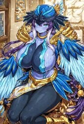 ai_generated blue_skin happy harpy_girl huge_breasts lyrilusc lyrilusc_ensemblue_robin room sweaty_body yu-gi-oh! yu-gi-oh!_arc-v