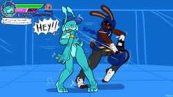 2025 3_toes antennae_(anatomy) anthro aquatic_gastropod armwear backpack bikini black_bottomwear black_clothing black_gloves black_handwear black_pants blue_backpack blue_clothing blue_hat blue_headwear blue_hoodie blue_topwear blush bottomwear breasts brown_body brown_fur brown_inner_ear bulge bunny_brawler_(felino) clothing collar covering covering_breasts crossed_arms cute_fangs dialogue dot_eyes duo english_text evil_grin fangs feet felino female fingerless_gloves foot_wraps forced forced_exposure fur gameplay_mechanics gastropod genitals gloves gold_bikini grin hand_wraps handwear hat headgear headwear hi_res holding_object hoodie lagomorph leporid male mammal marine mollusk motion_lines muscular muscular_anthro muscular_male non-mammal_breasts obscured_eyes open_mouth pants pink_clothing pink_hat pink_headwear pussy rabbit raspberry_(felino) red_eyes sea_slug short_tail simple_background simple_eyes slug small_breasts smile speech_bubble swimwear tail teal_antennae teal_body teeth text tiptoes toes topwear two-piece_swimsuit wraps yellow_armwear yellow_clothing yellow_collar yellow_ring