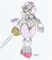 big_breasts big_hips bikini_armor blaze_the_cat cat_girl female_knight foil furry gold_eyes marlon64 ponytail purple_body purple_fur purple_hair sir_percival_(sonic_and_the_black_knight) smiling_at_viewer solo_female sonic_(series) sonic_and_the_black_knight swordswoman traditional_drawing_(artwork) weapon white_background white_fur