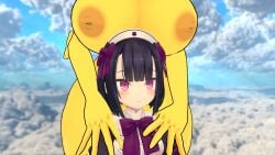 bigger_female boobs_on_head chiku huge_breasts older_female touching_shoulders vrchat vrchat_avatar younger_female