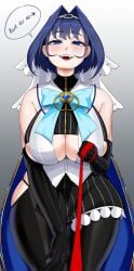 1girls bangs bare_shoulders belt big_breasts black_gloves black_legwear blue_eyes blue_hair blush breasts clarkekitsp cleavage elbow_gloves female female_only gloves gradient hololive hololive_english large_breasts looking_at_viewer looking_down_at_viewer ouro_kronii pov short_hair smile solo virtual_youtuber