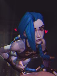 1boy 1girls 3d arcane arcane_jinx blue_hair breasts breasts_out eye_contact hand_on_chest handjob heart heart height_difference jinx_(league_of_legends) league_of_legends looking_at_viewer ninacutelove penis petite pov tattoo tattoos