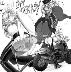 alternate_costume ass assless_chaps big_ass bubble_butt bull_riding chaps cowboy cowboy_boots cowboy_hat femboy imai_cosmo kengan_(series) kengan_ashura kengan_omega long_hair long_hair_male looking_at_viewer looking_back male male_only maro_(pixiv) monochrome motorcycle multiple_scenes ponytail smile solo tied_shirt