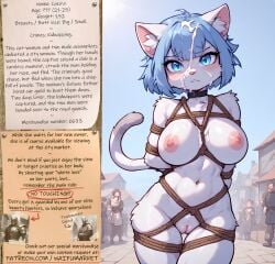 ai_generated anime big_breasts blue_eyes blue_hair bondage bounty_hunters collar cum_on_face cute edited fantasy female fictional market naked nude photoshop roleplay ropes short_hair slave slavegirl slavery waifu white_fur