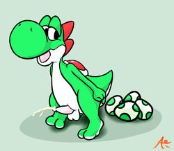 1boy ainothat balls barefoot cum egg egg_laying erection full_body male male_only mario_(series) nintendo nude penis reptile scalie simple_background solo standing testicles video_games yoshi yoshi_egg