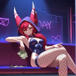 ai_generated animal_ears fishnets hood hood_up league_of_legends legs_crossed leotard money nightclub red_hair riot_games sitting vastaya xayah