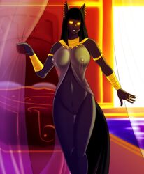 2015 anthro anubian_jackal bed big_breasts black_hair bottomless bracelet breasts canine cleft_of_venus clothed clothing curtains drapes ear_piercing egyptian egyptian_clothing egyptian_mythology female female_only glowing glowing_eyes gold_(metal) gold_jewelry hair hi_res jackal jewelry kadath_universe looking_at_viewer lots_of_jewelry mammal marik_azemus34 nightshade_(kadath) nipples nude piercing pose pussy ring sheer_clothing solo subtle_pussy swimming_pool translucent transparent_clothing water yellow_eyes