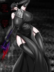 1girls big_breasts black_hair blood blood_on_face breasts curvy curvy_figure demon demon_girl female handwear looking_at_viewer mature_female milf norviainwza nun nun_outfit oc original original_character self_upload solo stockings yandere