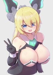 1girls arm_gloves bare_shoulders blonde_hair blue_eyes blush breasts cleavage eyebrows_visible_through_hair eyes_visible_through_hair female female_focus female_only hair_between_eyes huge_breasts large_breasts long_hair looking_at_viewer peace_sign simple_background solo subten v