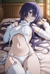 1girls ai_generated bangs bare_shoulders bed black_hair blue_eyes breasts bungo_stray_dogs detached_sleeves female female female_only hair_between_eyes illustrious_(stable_diffusion) indoors izumi_kyouka_(bungo_stray_dogs) light_blush long_hair long_sleeves lying meme_attire milua navel on_back on_bed panties parted_lips ribbed_sleeves ribbed_thighhighs self_upload side-tie_panties sideboob solo solo_female stomach sweater thighhighs turtleneck turtleneck_sweater underboob underwear virgin_destroyer_sweater white_panties white_thighhighs