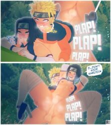 2boys anal anal_sex big_ass big_penis black_hair blonde_hair blush dialogue femboy feminine_male gloves headband heart high_heels nail_polish naruto naruto_(series) naruto_uzumaki onomatopoeia partially_clothed plap ripped_clothing rotten_bastard sasuke_uchiha small_penis speech_bubble thighhighs uchiha_sasuke uzumaki_naruto wide_hips