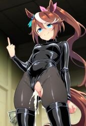 after_sex after_vaginal ai_generated animal_ears blue_eyes brown_hair cheating cheating_girlfriend cum cum_in_pussy cumdrip horse_ears horse_girl horse_tail middle_finger money prostitute prostitution smile tokai_teio_(umamusume) umamusume umamusume_pretty_derby whore