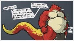 absurd_res anthro balls belly big_balls big_belly digestion genitals gwyvern hi_res human lizard macro male mammal micro muscular reptile scalie solo_focus vore vore_teasing