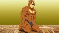 2014 abs anthro bear black_clothing black_nose black_thong black_underwear blue_eyes brown_body brown_fur bulge closed_smile clothed clothing digital_drawing_(artwork) digital_media_(artwork) fabfelipe fur kneeling male mammal mouth_closed multicolored_body multicolored_fur muscular muscular_anthro muscular_male nipples smile solo tan_body tan_fur thong thong_only topless two_tone_body two_tone_fur underwear underwear_only