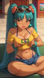 ai_generated ass bigmic145 brazil brazilian brazilian_miku brazilian_miku_(cosplay) breasts chel chel_(the_road_to_el_dorado) cosplay crop_top dark-skinned_female double_ponytail dreamworks g-string jewelry midriff navel, shorts solo solo_female tanline the_road_to_el_dorado