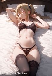 ai_generated ass belliora belly belly_button blonde_female blonde_hair blonde_hair blonde_hair_female breasts closed_eyes female female_focus female_only frown frowning hayasaka_ai kaguya-sama_wa_kokurasetai_~tensai-tachi_no_renai_zunousen~ laying laying_down laying_on_back laying_on_bed laying_on_pillow leg_up lingerie lingerie_bra lingerie_panties patreon patreon_username petite petite_body petite_female pigtail see-through see-through_bra sleeping solo solo_female solo_focus thick_thighs thigh_highs thighhighs