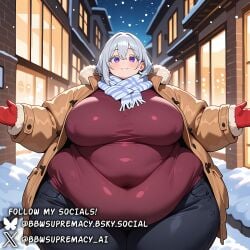 absurd_res ai_generated bbw bbwsupremacy belly_overhang big_ass big_belly big_breasts black_pants breasts busty chubby chubby_female coat curvy eyelashes fat female female_focus female_only gloves huge_belly huge_breasts large_breasts looking_at_viewer medium_hair mittens morbidly_obese night obese obese_female overweight purple_eyes red_gloves scarf shirt smile snow solo ssbbw thick thick_thighs voluptuous voluptuous_female watermark white_hair wide_hips winter