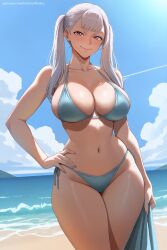 1girl ai_generated bangs beach bikini black_clover blue_bikini blue_sky breasts cleavage closed_mouth collarbone day hand_on_hip hi_res high_quality high_resolution huge_breasts long_hair looking_at_viewer navel noelle_silva ocean outdoors patreon purple_eyes sand seductive sexy silver_hair sky smile solo standing stomach swimsuit thighs twintails uncensored water watermark