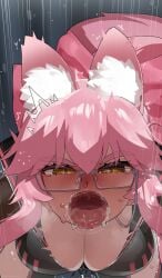 1boy absurdres animal_ear_fluff animal_ears bar_censor blush breasts censored commentary_request deepthroat fate/grand_order fate_(series) fellatio female fox_ears glasses grey-framed_eyewear highres koyanskaya_(fate) large_breasts long_hair mizumizuni oral penis pink_hair pov straight sweat tamamo_(fate) yellow_eyes