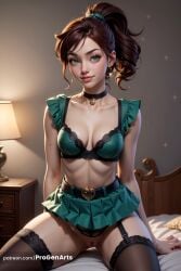 1girls ai_generated artist_name bed belt belt_buckle bishoujo_senshi_sailor_moon black_choker black_thighhighs bra breasts brown_hair buckle choker cleavage collarbone earrings female freckles frills garter_straps green_bra green_choker green_eyes green_skirt heart hi_res hoop_earrings indoors jewelry lamp lingerie lips looking_at_viewer makoto_kino medium_breasts miniskirt navel nose on_bed panties patreon_username pleated_skirt ponytail progenarts pussy sailor_jupiter sitting skirt smile solo spread_legs star_(symbol) thighhighs toned uncensored underwear watermark web_address