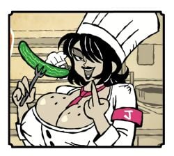 1girl 5_alguma_coisa black_eyes black_hair black_lips brazilian_female breasts chef_hat chef_uniform cleavage covered_nipples cropped edited female fork freckles_on_breasts goth goth_girl hair_over_one_eye huge_breasts jamily_(5_alguma_coisa) looking_at_viewer mouth_open pickle red_tie screenshot short_hair solo tie_between_breasts white_clothing white_hat youtube