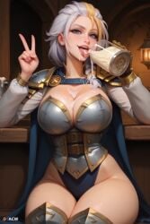 1girls acw adult ai_generated bare_thighs blonde_hair blue_eyes braid braided_hair cape cleavage clothing cum cum_chugging cum_drip cum_in_container cum_in_cup cum_on_breasts cum_on_tongue drinking_cum eating_cum female fully_clothed gokkun highleg_leotard horde_symbol human_(world_of_warcraft) jaina_proudmoore large_breasts leotard long_hair looking_at_viewer mature_female multicolored_hair smile solo solo_female v white_hair world_of_warcraft