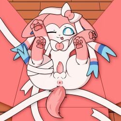 1:1 absurd_res anus blue_eyes claraeve claws eeveelution feet feral fur generation_6_pokemon genitals hi_res hindpaw male nintendo one_eye_closed pawpads paws penis pokemon pokemon_(species) ribbons simple_background solo sylveon toe_claws tongue tongue_out white_body white_fur