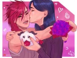 2girls arcane artkitt-creations caitlyn_kiramman canon_couple clothed duo female flower kissing kissing_cheek league_of_legends no_sex poro_(league_of_legends) tagme valentine's_day vi wholesome yuri