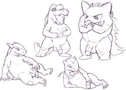 2017 anthro balls erection fangs feral gengar hi_res humanoid_penis male male_only monochrome multiple_images nintendo open_mouth penis pokemon pokemon_(species) pose precum qualske_(character) quilava ribbons scalie semi-anthro seyrmo simple_background sketch smile solo toony totodile typhlosion vein veiny_penis video_games white_background