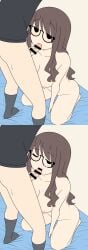 1boy 1girls annonanam_(artist) blowjob couple cum_on_face curvy cute fellatio glasses holding_penis masturbating_during_fellatio medium_breasts nerd nerdy_female nude nude_female