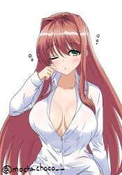 1girls 2025 anime_style artist_name breasts breasts_apart brown_hair cleavage collarbone collared_shirt color doki_doki_literature_club female female_only green_eyes human human_only looking_at_viewer mochachoco monika_(doki_doki_literature_club) one_eye_closed pajamas simple_background sleepy solo solo_female unbuttoned_shirt white_background wide_hips