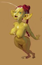 big_breasts braided_hair breasts cum cum_on_face ejaculation female goblin goblin_female green_skin hair humanoid long_hair looking_up mammal open_mouth red_hair santafire shortstack solo standing wide_hips