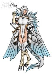 abs angel angel_wings armor armored_female bird blue_feathers blue_hair dualwing harpy harpy_girl harpy_humanoid impractical_armor monster monster_girl muscles muscular muscular_female muscular_thighs original original_character sharp_teeth white_feathers white_hair wings