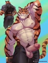 1boy abs animal_ear_fluff animal_ears arm_behind_head arm_up ass bara bare_pectorals black_pants black_shirt black_vest cat_nose english_commentary erection fangs fortnite furry furry_male highres kawaakumma looking_at_viewer male_focus male_only multiple_views muscular muscular_male navel nipples notched_ear open_fly orange_fur oscar_(fortnite) pants patreon_logo patreon_username pectoral_cleavage pectorals penis shirt smile tail testicles tiger_boy tiger_ears tiger_stripes tiger_tail topless_male unzipped vest