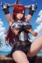 ai_generated armor armpits arms_up beach belt big_breasts black_panties blue_sky breast_grab breast_lift breasts brown_eyes cloud cloudy_sky curvy day deep_skin disembodied_limb erza_scarlet fairy_tail female grabbing grabbing_from_behind grabbing_own_breast groping hand_on_breast horizon large_breasts long_hair looking_at_viewer mature_female milf naughtygirlsai ocean outdoors panties red_hair sitting skirt sky solo_focus sword underwear water weapon