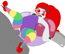 anal balloon butcher_knife clothing clown dot_(mcnasty) duo eyeshadow female footwear fur furry furry_only hair high_heels humanoid leggings legwear makeup male mcnasty open_mouth penis red_hair sex sharp_teeth shoes teeth thick_thighs tongue tongue_out