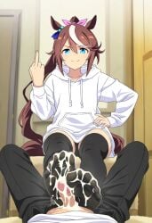 1boy after_footjob after_sex ai_generated animal_ears begin_humiliated blue_eyes brown_hair bullying cum cum_in_feet cum_in_foot cum_in_socks cum_on_feet cum_on_foot cum_on_socks feet feet_focus foot_focus horse_ears horse_girl horse_tail middle_finger perverted_smile pov pov_focus slave smile sockjob socks socks_focus soles submissive_boy tokai_teio_(umamusume) umamusume umamusume_pretty_derby