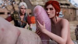 2girls 3d belethor's_smut big_penis breasts cd_projekt_red ciri clothing completely_nude english_text female freckles giant green_eyes hanging_penis light-skinned_female mascara monster nude penis penis_on_face text the_witcher_(series) the_witcher_3:_wild_hunt triss_merigold white_hair