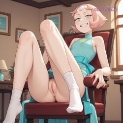 1girl ai_assisted ai_generated beautiful blue_eyes day dress general grayscale grin high_contrast highres holding_weapon indoors looking_at_viewer no_nose pearl pearl_(steven_universe) perfect_anatomy pink_hair pussy sharp_teeth short_hair sitting_on_chair slit_pupils smug socks spear steven_universe upskirt_view