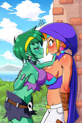 2017 2girls blonde_hair blue_eyes blush breast_press breasts choker closed_mouth embarrassed eye_contact female female_only green_hair green_skin half-closed_eyes human interspecies large_breasts linkerlewds looking_at_another multiple_females multiple_girls red_eyes rottytops shantae short_hair shy sky_(shantae) smile smooth_skin standing symmetrical_docking wayforward yuri zombie