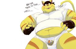 2017 anthro belly blush bondage bound briefs cage chance_furlong chastity chastity_cage clothing daire301 english_text feline fur gloves hi_res male male_only mammal mask overweight penis shirt simple_background solo stripes swat_kats text tighty_whities underwear whiskers white_background yellow_fur